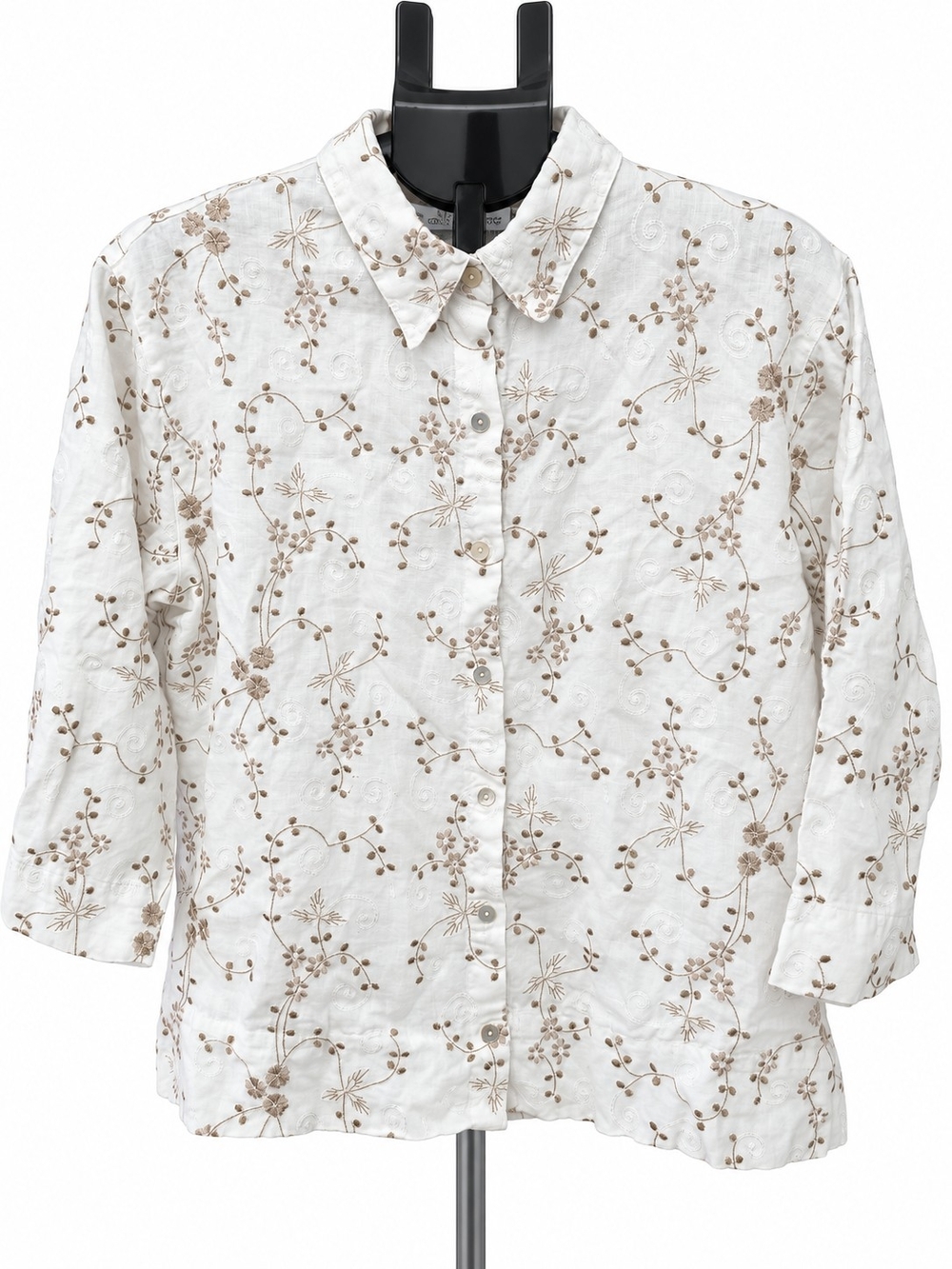 Chico's White Button-Down Shirt with Beige Floral Embroidery